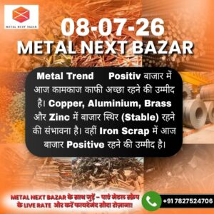 आज का मेटल प्रिडिक्शन पोस्ट जिसमें Copper, Aluminium, Zinc, Lead और Nickel के संभावित बाजार ट्रेंड और कीमतों की दिशा दिखाई गई है।